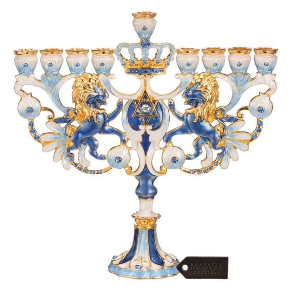 Matashi Hand Painted Blue & Ivory Regal Lion Menorah Candelabra with Gold Accents & Crystals