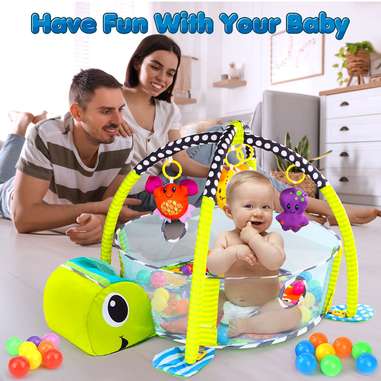 UQN Baby Play Gym, 3 in 1 Baby Play Gym Activity Mat, with Hanging Toys and Ocean Balls, Gifts for Newborn Baby 0 to 3 6 9 12 Months, Green Turtle
