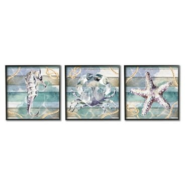 Stupell Industries Sea Life Plank Pattern Animals & Insects Painting Black Framed Art Print Wall Art, 12 x 12, Set of 3