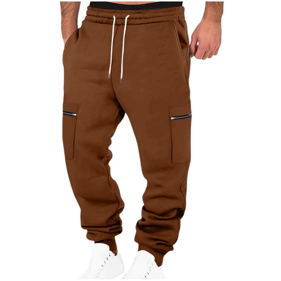 Qulqfy Men's Baggy Pants Cargo Stretch Joggers Brown Sweatpants Relaxed Fit Workout Pants Zipper Pockets Pants for Men L