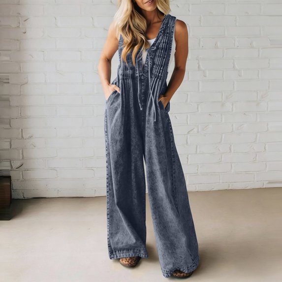 TOUMENY Spring Fall Denim Jumpsuit for Women V-Neck Backless Wide Leg Romper Casual Loose Beach Vacation Party One Piece Jumpsuits Dark Blue XXXL