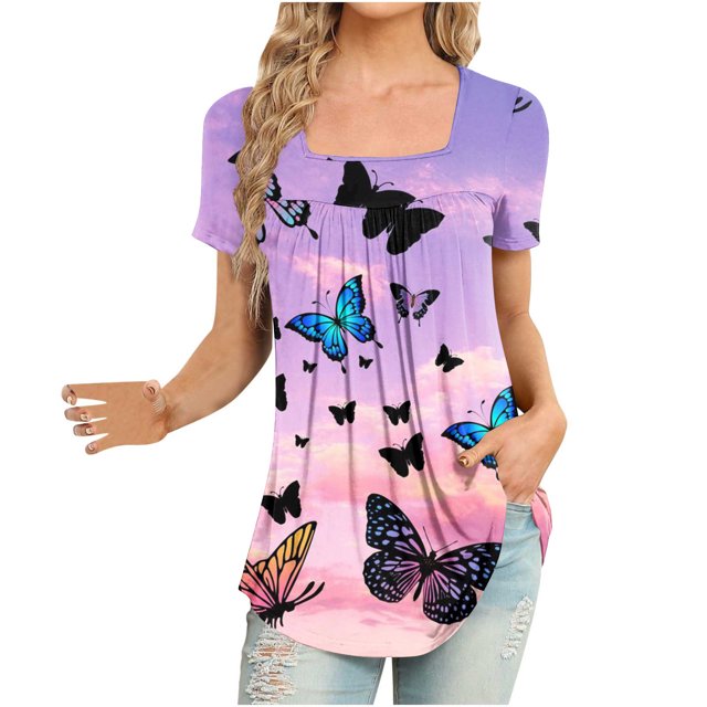 Blusa suelta de manga corta con cuello en V informal estampada a la moda para mujer OAVQHLG3B Store lin121212