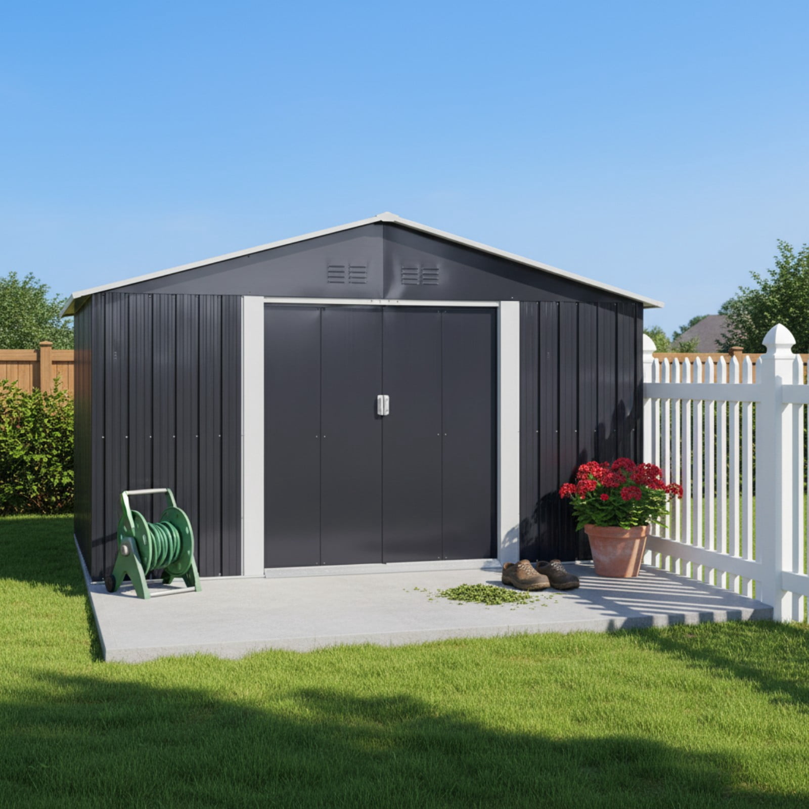 Alvantor Outdoor Storage Shed Metal with Window for Garden,11.2x10.6 FT,Grey