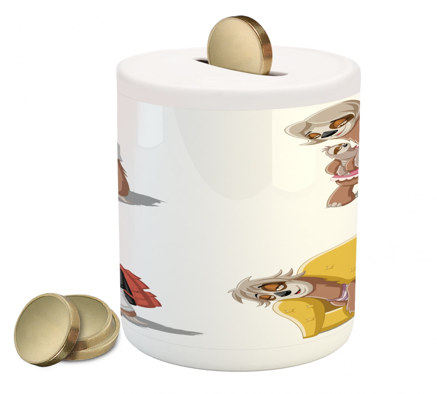 Sloth Piggy Bank, Cartoon Lazy Sloths Family Father Mother Resting