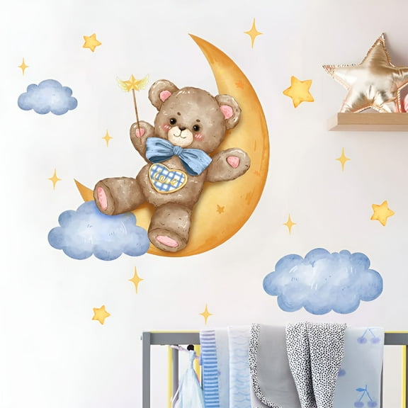 LAMIRO Wall Decals Teddy Bear Sleeping on The Moon and Stars Wall Stickers for Kids Baby Room Interior Decoration Wall Decals