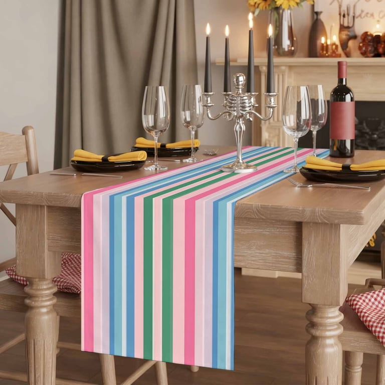 Pink Green Blue Stripe 48 Inch Table Runner, Farmhouse Stripes