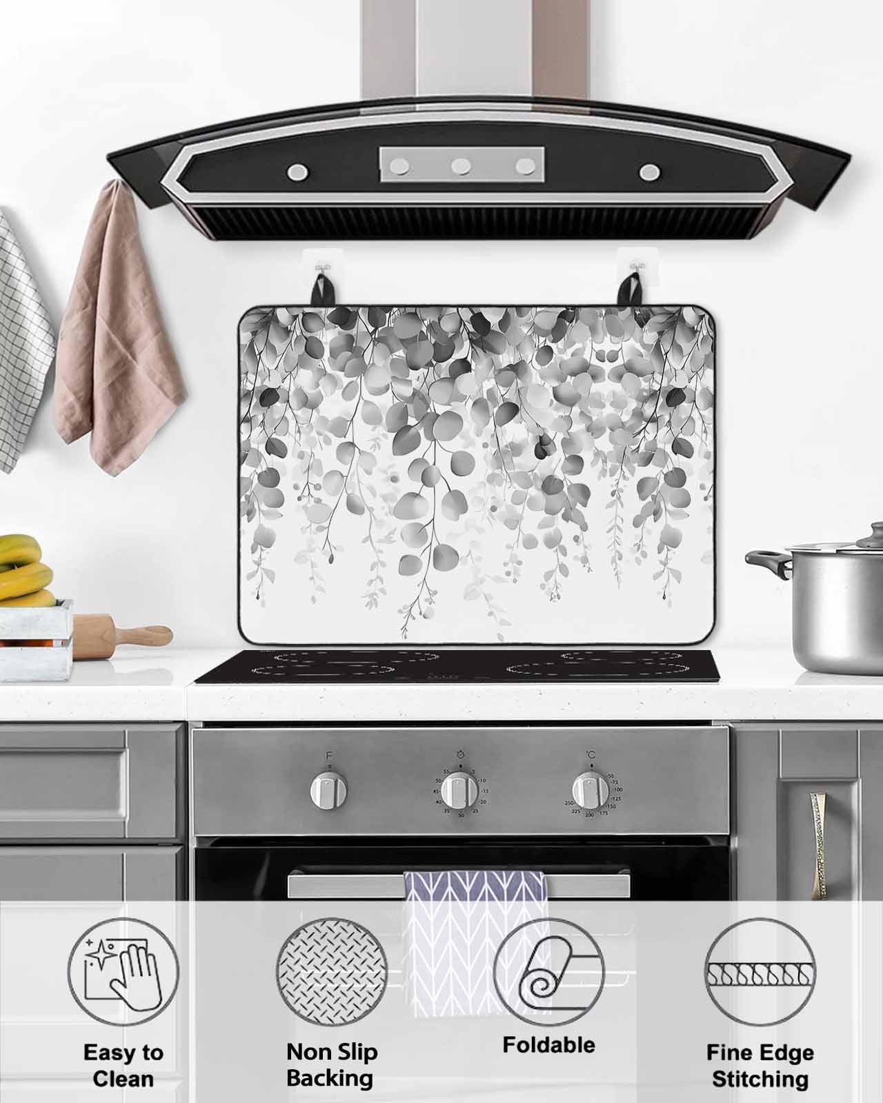 nqOlkjepod Large Induction Cooktop Protector Mat 24"x21", Grey Eucalyptus Stove Top Covers for Electric Stove, Spring Botanical Weeping Plant Aesthetic Stove Burner Cover Mats, Glass Top Stove Cover