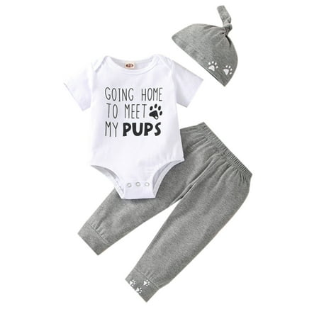 

Suanret Newborn Baby Boys Girls Outfits Letter Print Short Sleeve Snap Crotch Romper + Paw Print Pants + Knotted Hat White Gray 0-3 Months