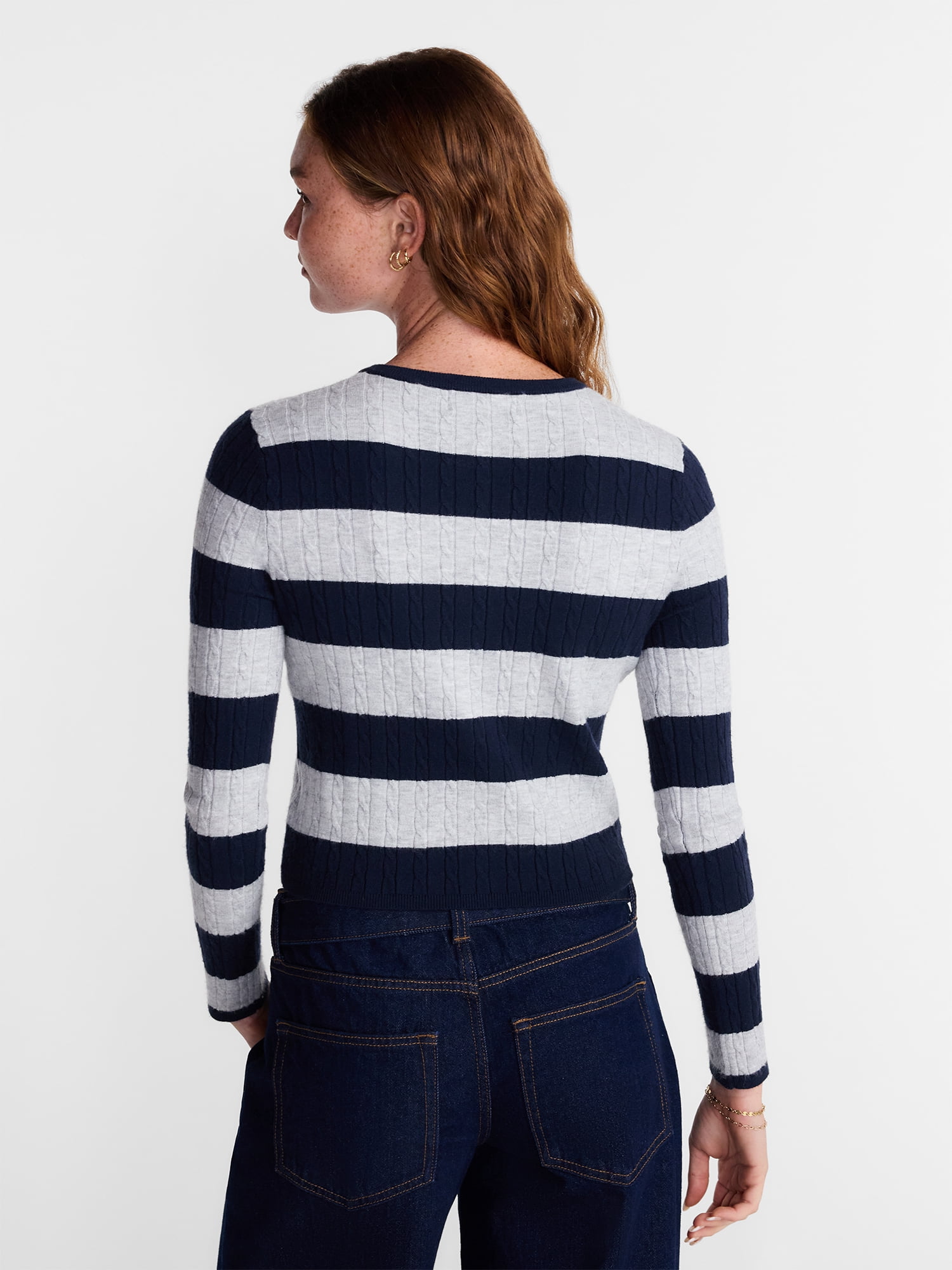 No Boundaries Cable Knit Crewneck Cardigan, Women's XXS-4X