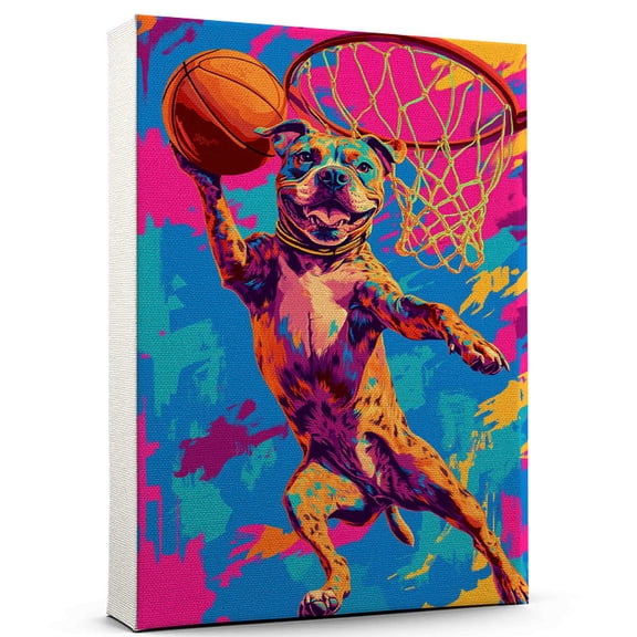 Staffordshire Bull Terrier Dog Basketball Art Stretched Canvas Size 8x12 – Staffordshire Bull Terrier Dog Playing Basketball Wall Art, Dog Lover Canvas, Sports Theme Decor for Living Room