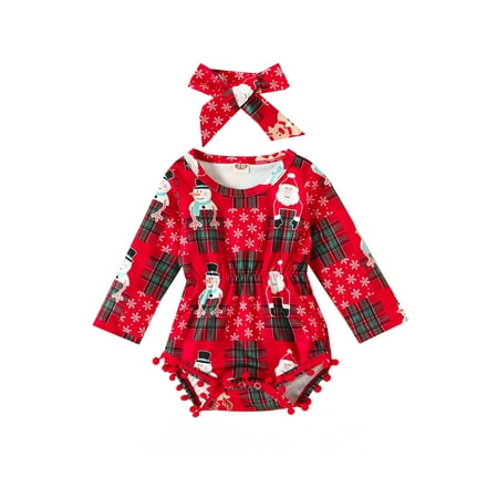 

Huakaishijie Baby Girls 2Pcs Christmas Outfits Long Sleeve Snowman Print Elastic Waist Romper + Headband Set