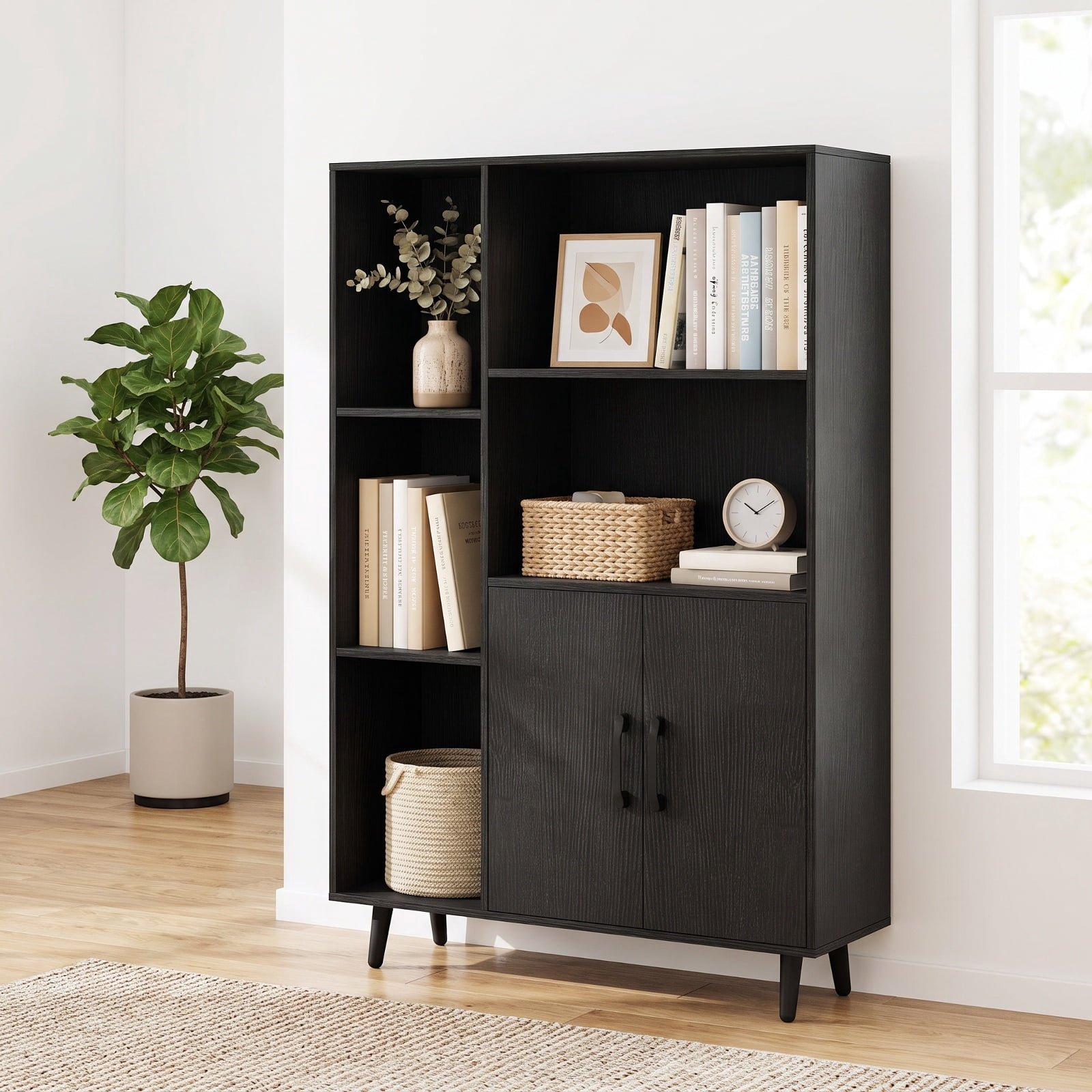 Furnibear 4 Inch Floor Bookshelf with 5 Open Compartments and Storage Cabinet for Living Room Home Office Bedroom Display Storage Shelf, Black