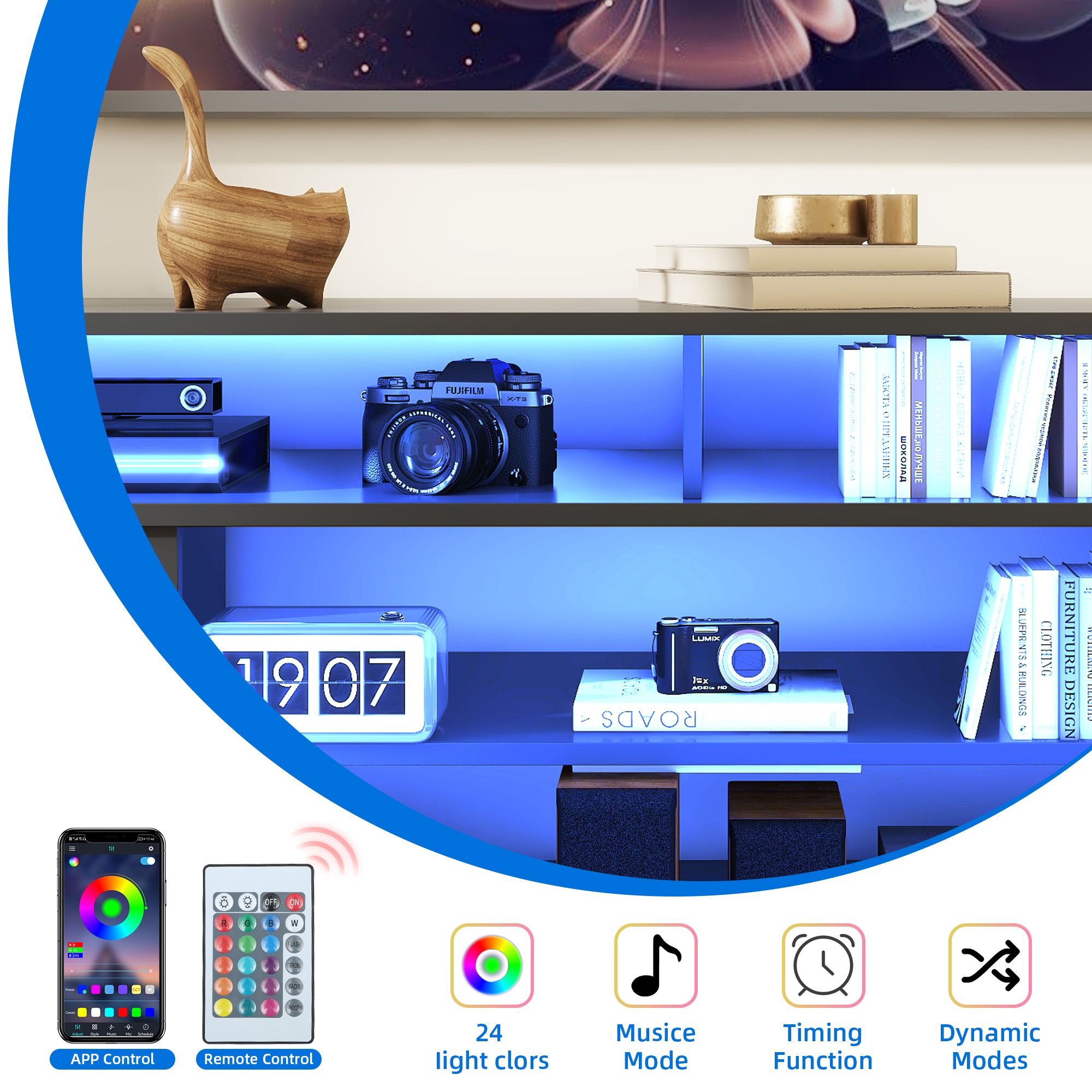 Dextrus 70 Inch Black Modern TV Stand, Suitable for TVs Up to 75 Inches, Living Room Entertainment Center with Light Strip, Storage Cabinets and Adjustable Partition