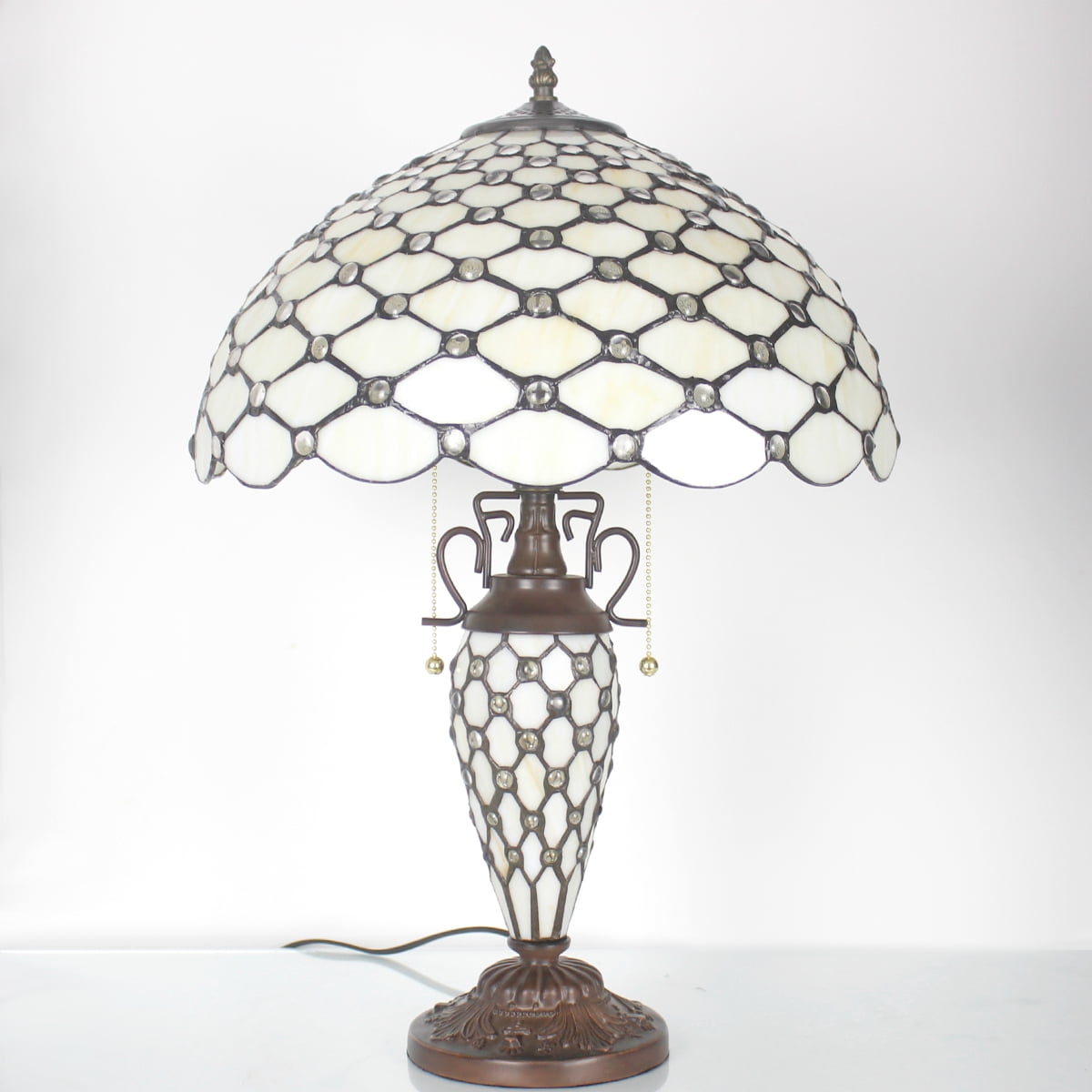 Tiffany Style Table Lamp W16H24 Inch Tall Stained Glass Crystal Pear Bead Lampshade Antique Night Light Base S005  LAMPS Lover Living Room Bedroom Office Study Reading Desk Nightstand Gifts