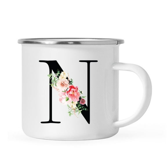 Koyal Wholesale Stainless Steel Campfire Coffee Mug, Blush Floral Monogram, Letter N