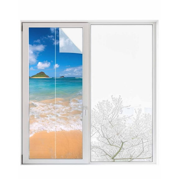 Window Privacy Film Summer Beach Stained Glass Window Film Decorative Sun Block Window Cover Coastal Seaside Ocean Vacation Window Clings Static Adhesive Sticker for Bathroom 23.6"x59"