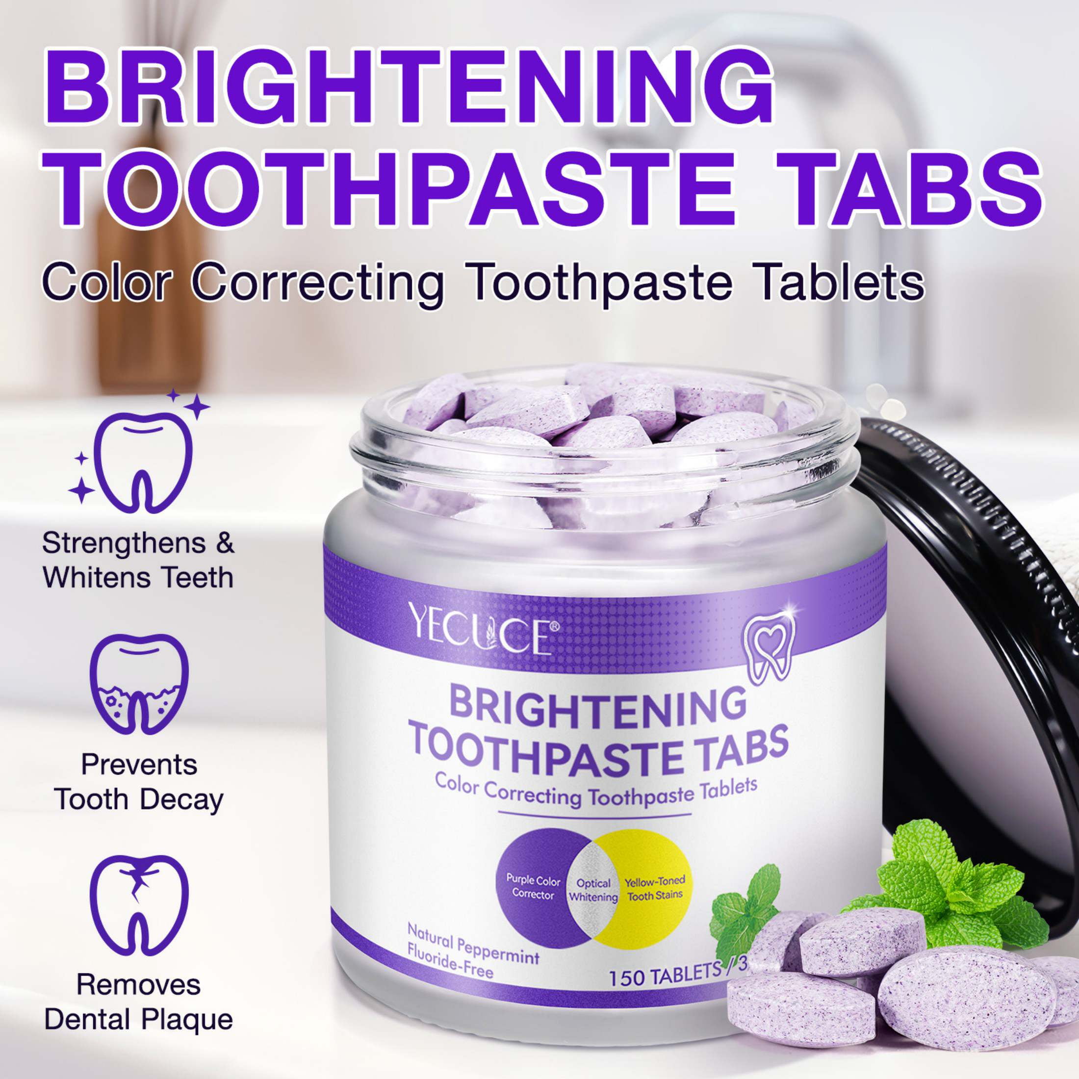 Yecuce 2-Pack Purple Brightening Toothpaste Tablet,Natural Peppermint, Fresh Breath
