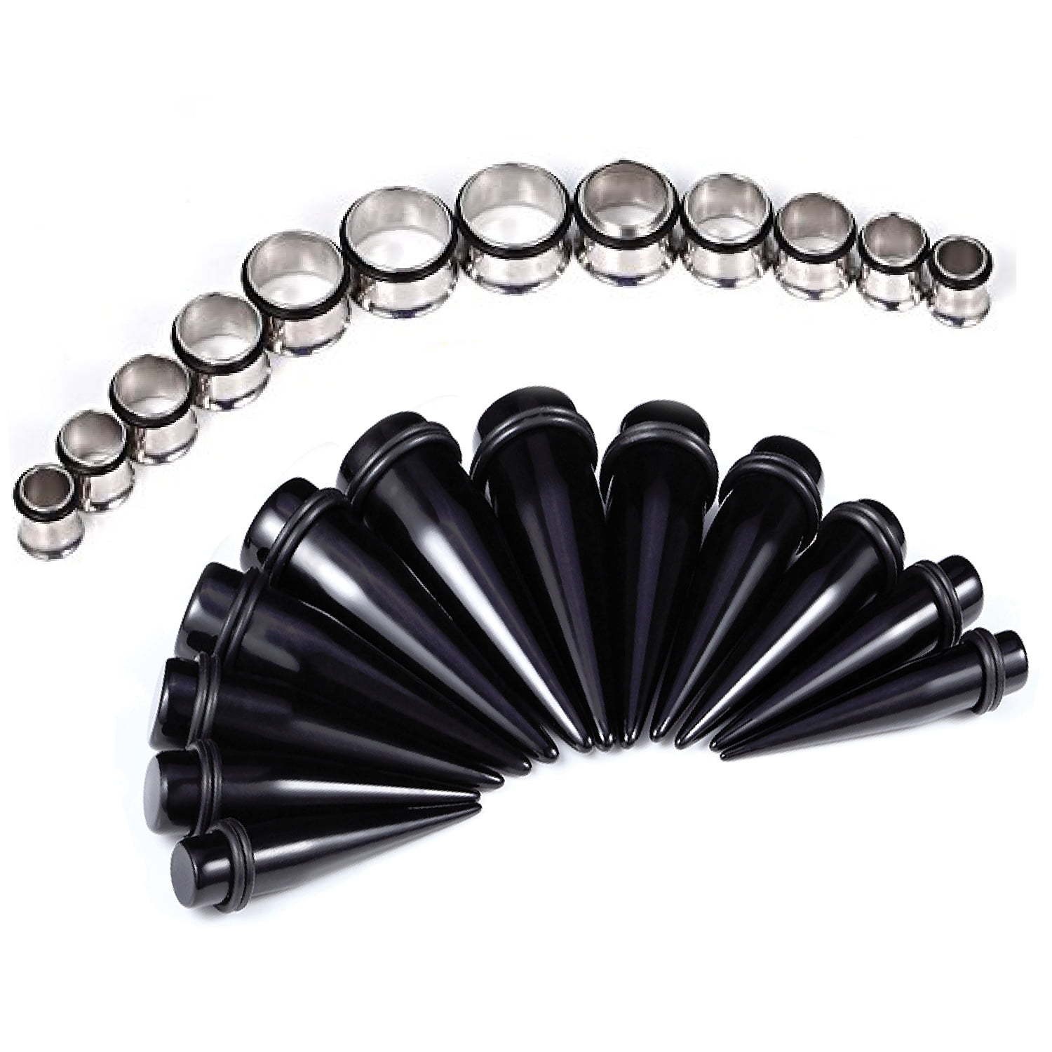 BodyJ4You - Gauges Kit Tapers Black Acrylic Plugs Surgical Steel ...