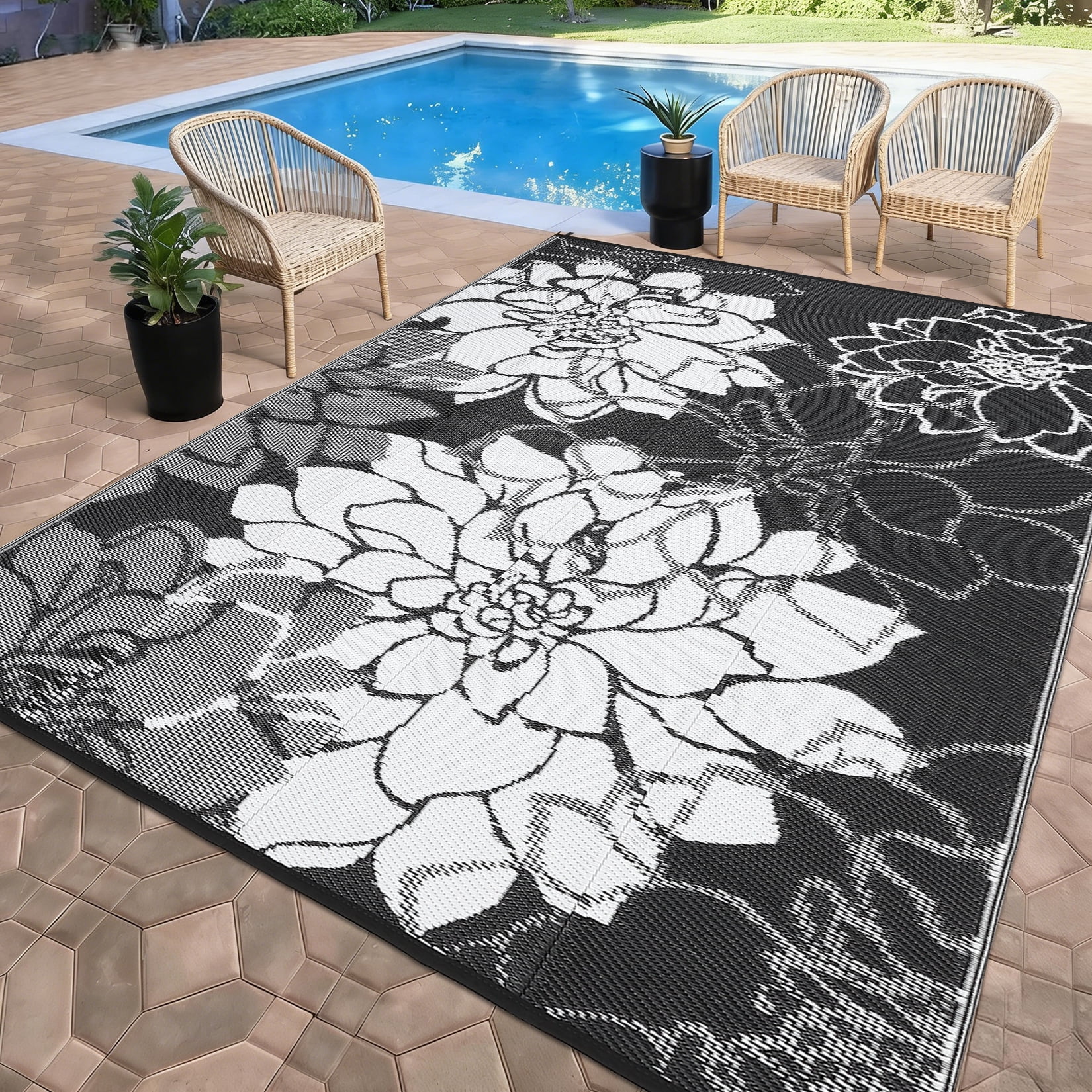 Nanan 9x12ft Outdoor Rug Waterproof Reversible Plastic Straw Patio Rug, UV Resistance Portable Floral Camping Carpet for Deck, Porch, Balcony, Backyard, Black White