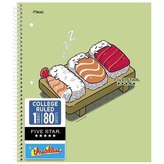 Five Star Threadless 1 Subject College Ruled Spiral Notebook Sushi