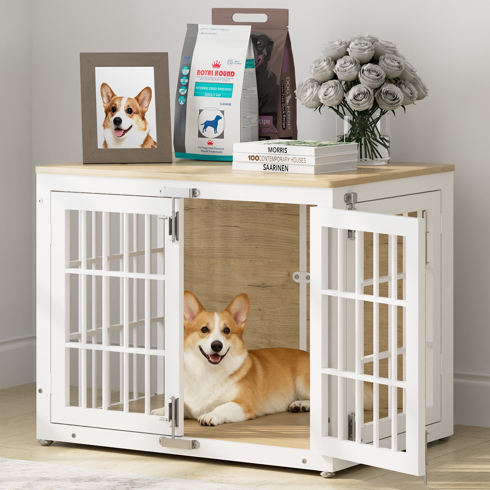 33'' Heavy Duty Dog Crate Furniture with 3 Doors,Wooden Side End Table Indoor Combination Dog Cage For Small to Medium Dog Extra-Large
