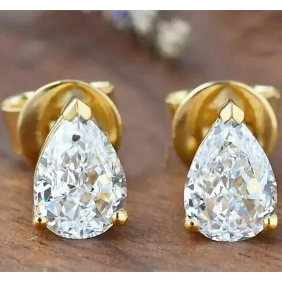 4Ct Pear Cut Solitaire Simulated Diamond Women's Stud Earrings 14k Yellow Gold Plated Silver