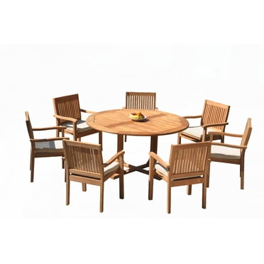 Grade-A Teak Dining Set: 8 Seater 9 Pc: 60" Round Table And 8 Leveb Stacking Arm Chairs Outdoor Patio WholesaleTeak #51LV1209