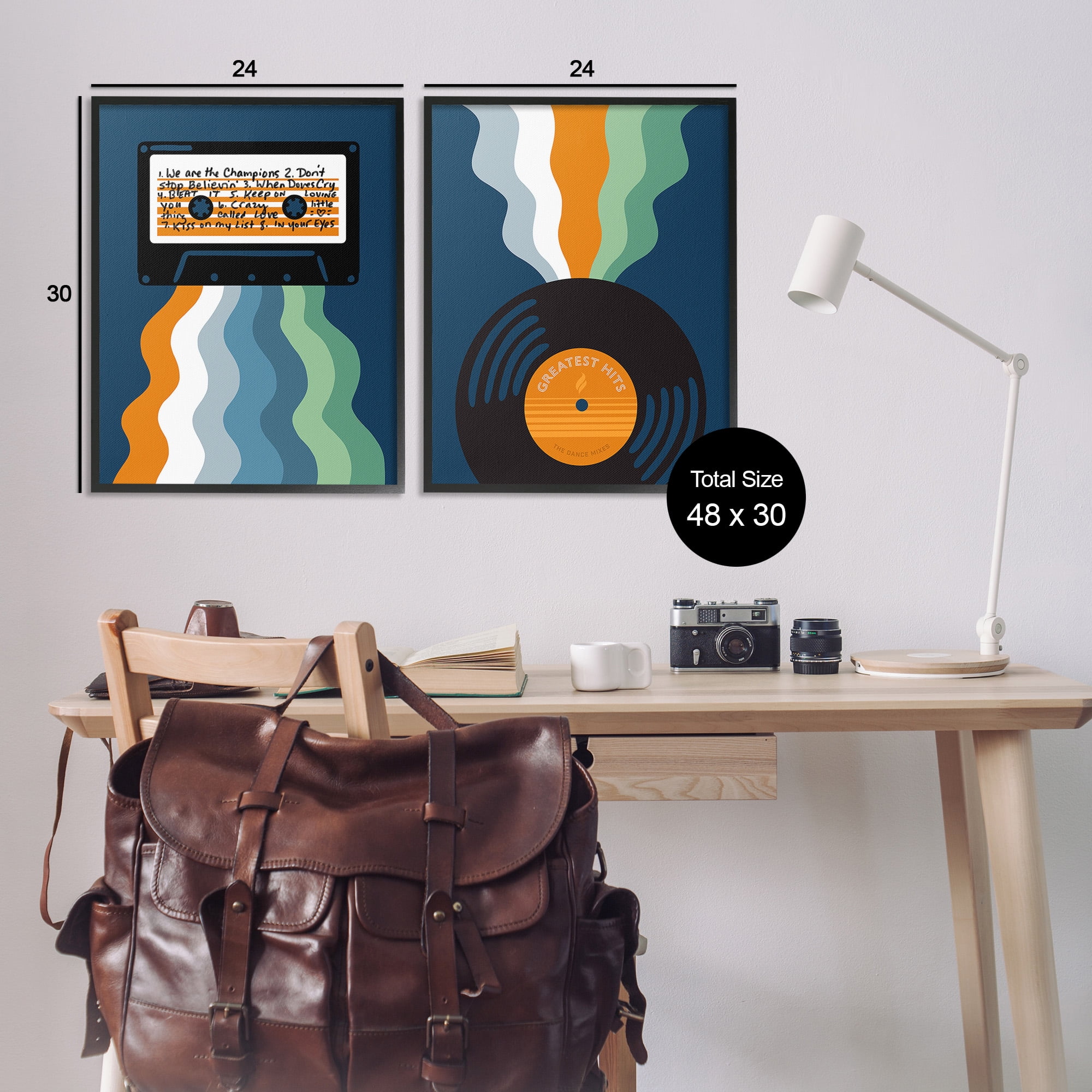Stupell Industries Retro Music with Stripes Abstract Painting Black Framed Art Print Wall Art, 24 x 30, Set of 2