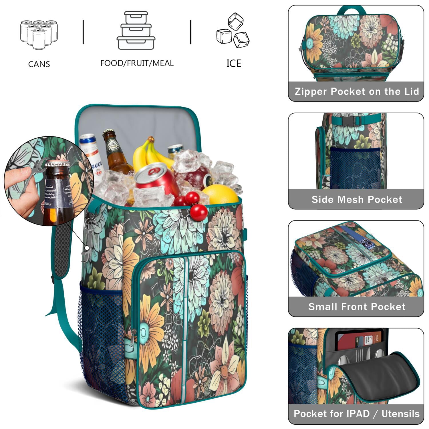 Travel Cooler Bag - Pioneer Flower Floral Print Pattern Camping Beer Cooler Backpack with Bottle Opener- Waterproof Insulated Picnic Backpacks - Cooler Bag for Beach