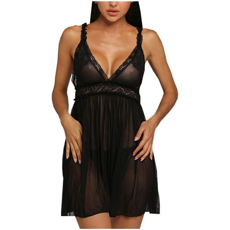 

Womens Lace Mesh Lingerie Dress Sheer Sleepwear V Neck Chemise Nightwear Soft Nightdress Woman