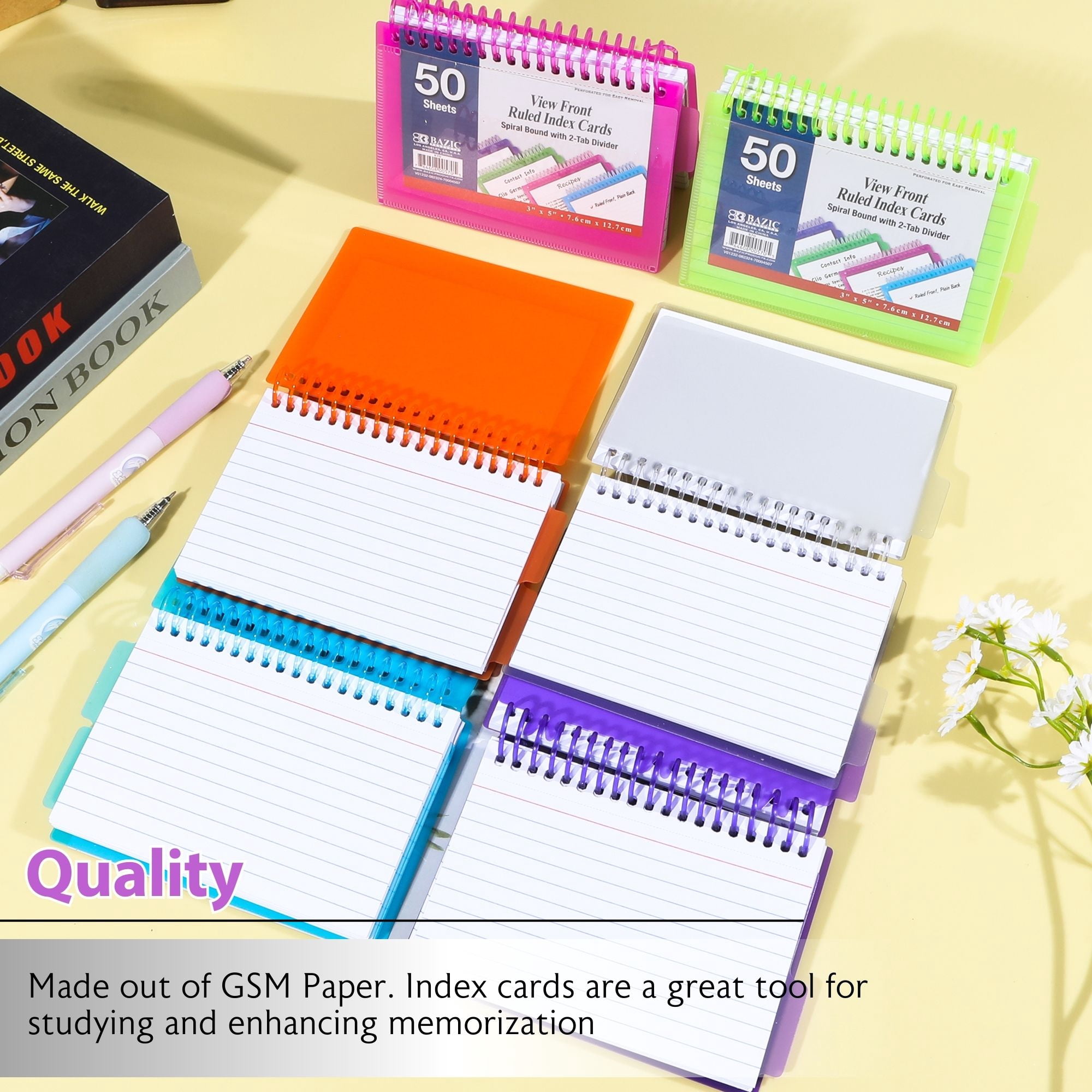 BAZIC Ruled Index Cards Book 3"X5" View Poly Cover Memo Flashcards (50/Pack), 6-Packs