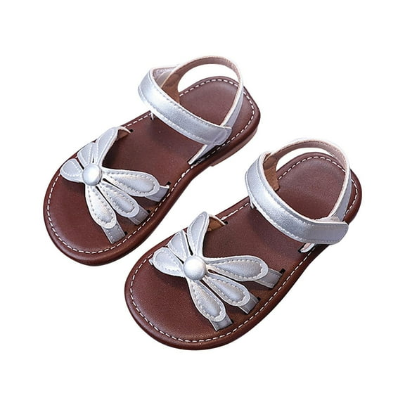 ZACPNCV Girl's Sandals Dressy Leather Braided Rhinestone Glitter Summer Beach Ankle Strap Flat Sandals Silver 5.5-6 Years