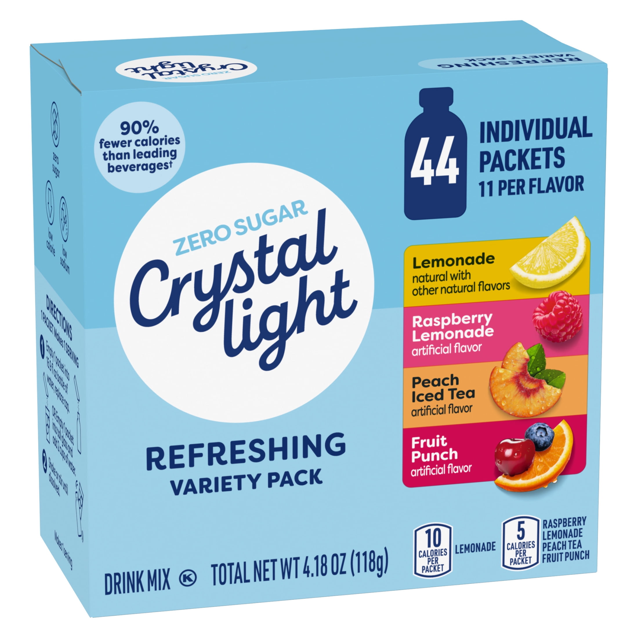 (3 pack) Crystal Light Refreshing Drink Mix Variety Pack, 44 Packets, for Convenient Hydration, Lemonade, Raspberry Lemonade, Peach Iced Tea, Fruit Punch, Natural and Artificial Flavor, Zero Sugar, 4.18 oz