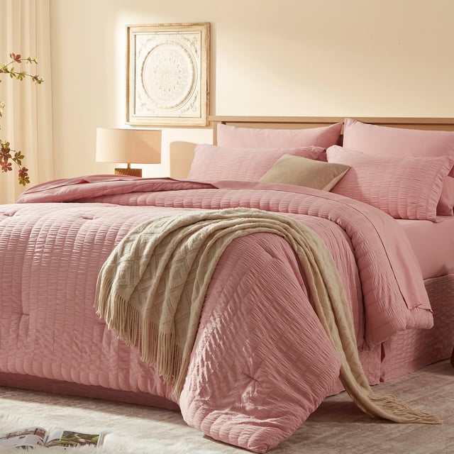 Juego de edredón Laojin Balhen, tamaño completo, 8 piezas, color rosa Seersucker