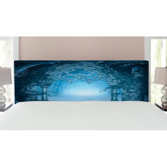 Fantasy Headboard, Passage Doorway Through Enchanted Foggy Palace Garden at Night View, Upholstered Decorative Metal Bed Headboard with Memory Foam, King Size, Navy Blue and Grey, by Ambesonne