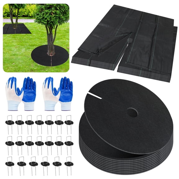 Bocaoying 20 Pcs Tree Mulch Ring Weed Barrier Mats with Stakes Gloves, Fruit Tree Protector, 10Pcs 3.3Ft Square, 10Pcs 1.6Ft Round Thickened Landscape Fabric Mats, Garden Plant Cover for Weed Control