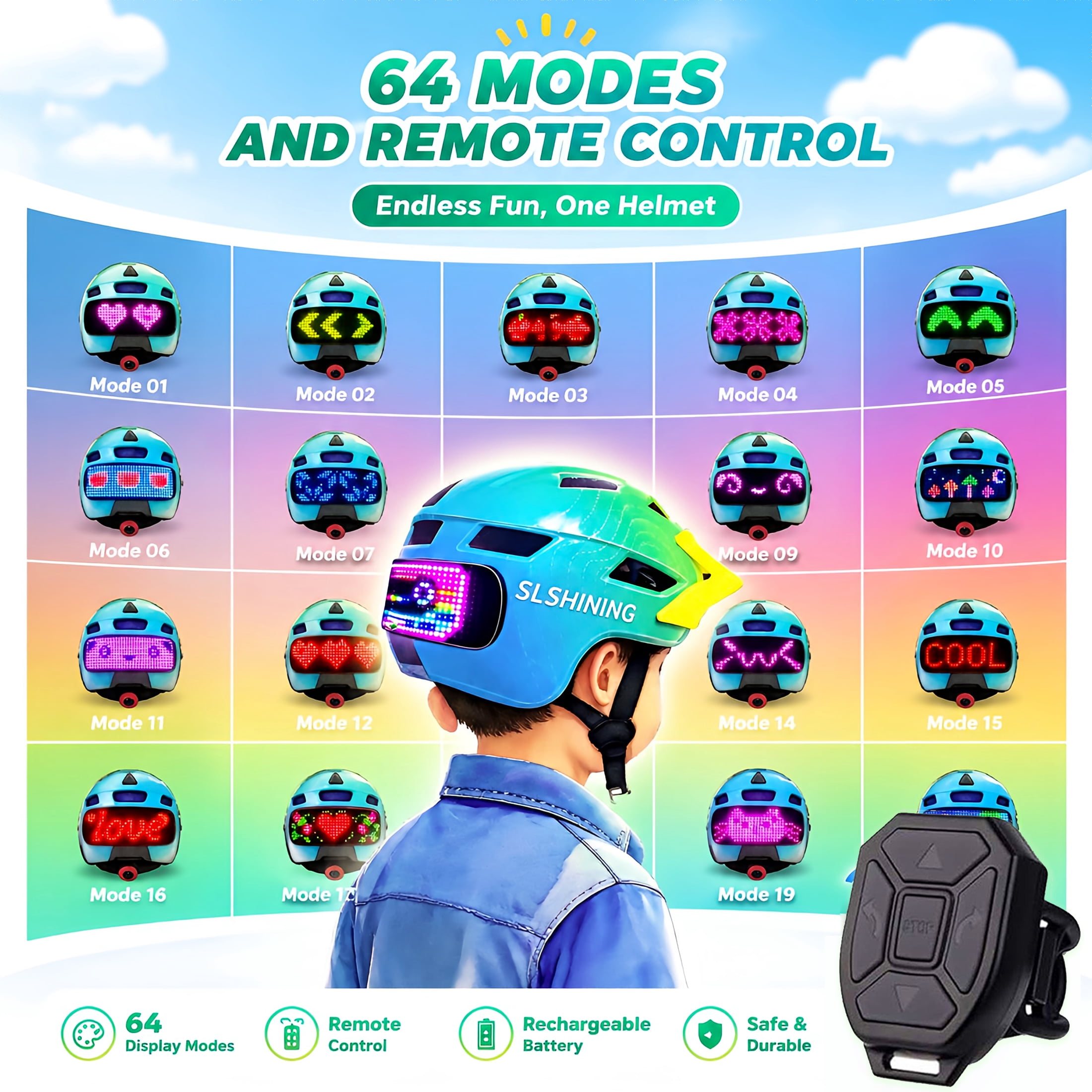 Kids Bike Helmet with LED Display & Remote Control, 64 Light Patterns, Turn & Stop Signals, Multi-Sport Helmet for Toddler & Youth Ages 3-14, Safe for Boys Girls Bicycle Scooter Mountain Bike