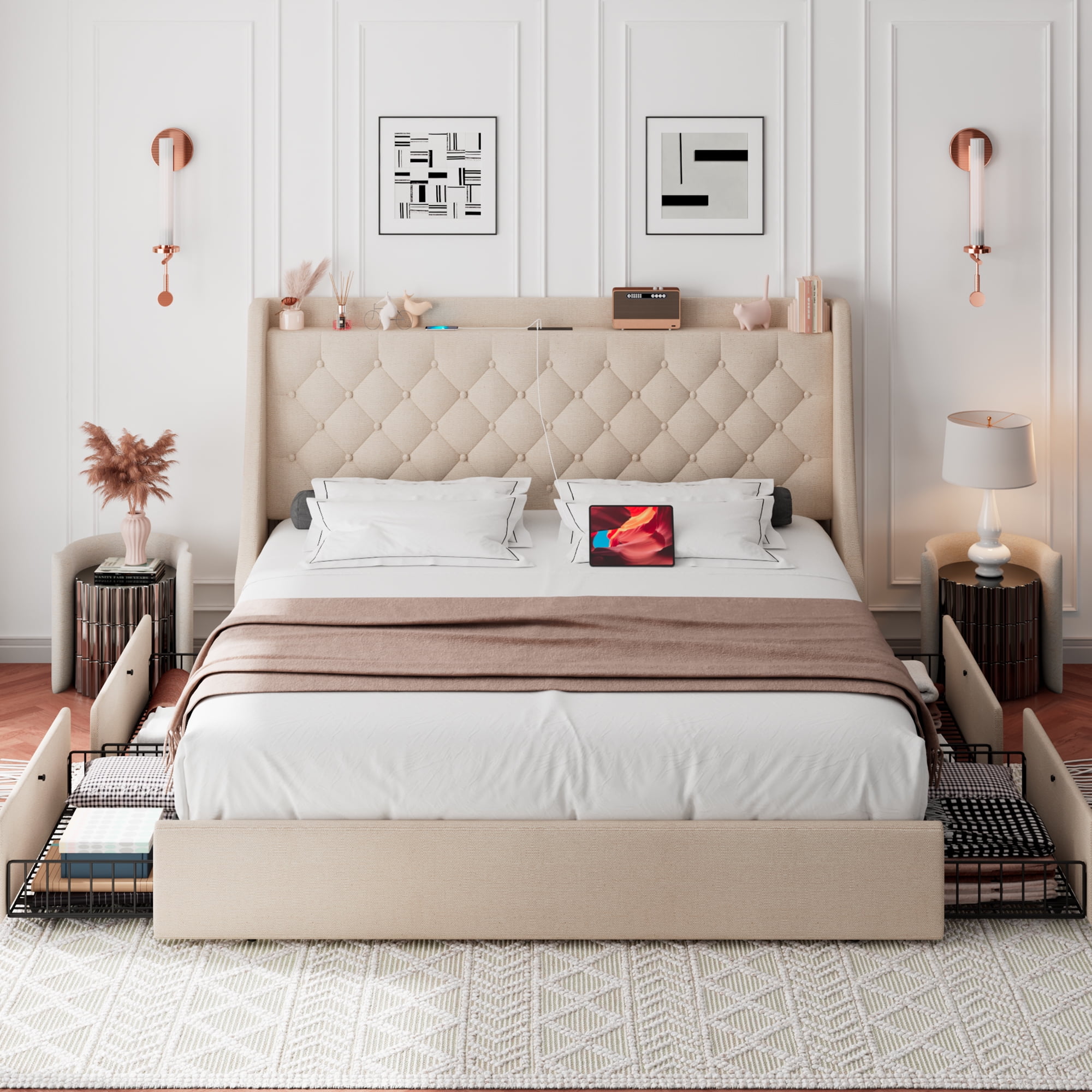 Virans Queen Bed Frame with 4 Storage Drawers & Charging Station, Upholstered Platform Bed Frame with Wingback Storage Headboard,No Box Spring,Beige