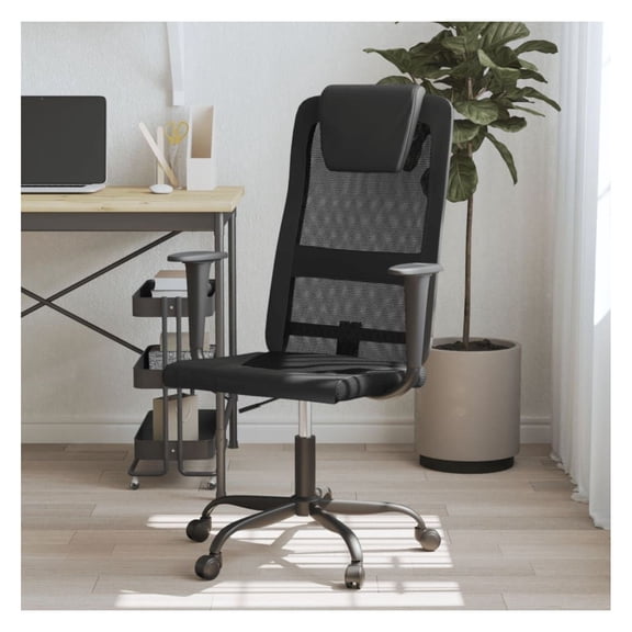Black Office Chair Mesh & Faux Leather, Adjustable Height with Headrest - Ergonomic Desk Chair for Home & Office