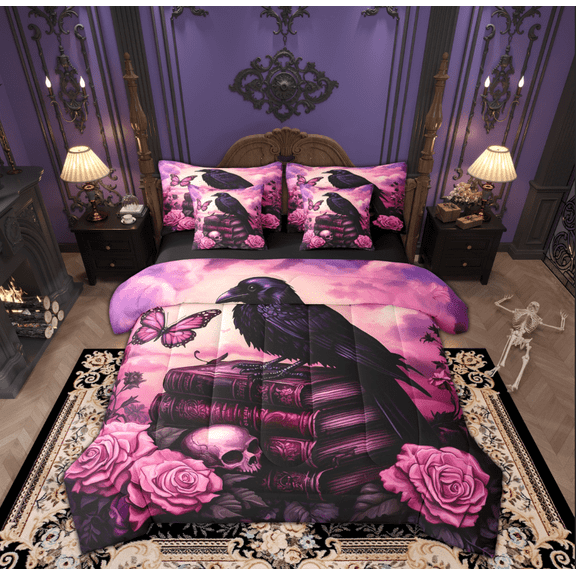 Feelyou Teen Halloween Crow Bedding Comforter Set 7pcs, Romantic Pink Rose Queen Bedding Sets, Western Book Butterfly Reversible Queen Sheet Sets, Microfiber Bedroom Decor