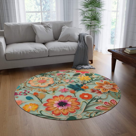 Colorful Floral Round Area Rug - Bohemian Decor for Living Room Bedroom
