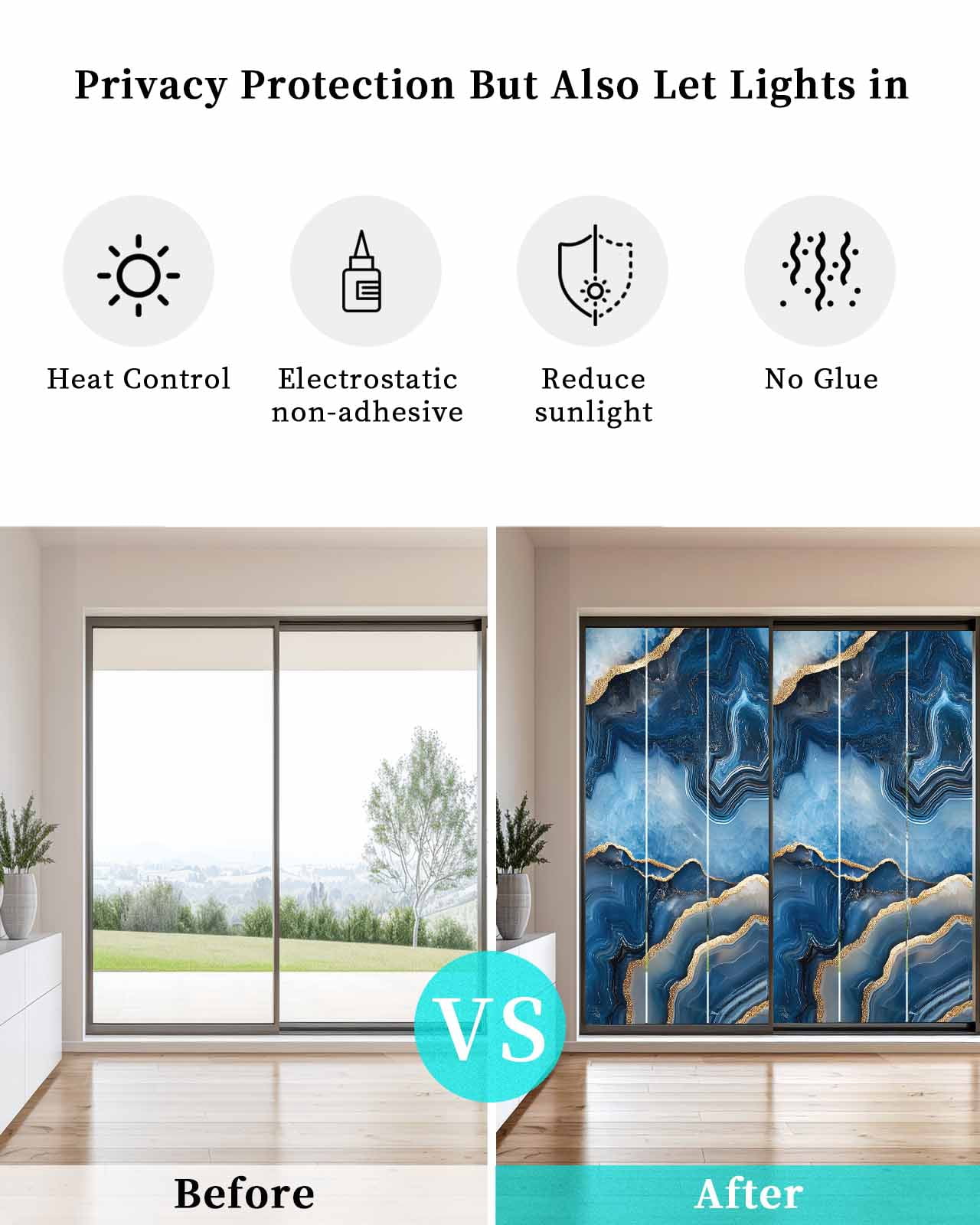 Window Privacy Film Blue Marble Stained Glass Window Film Decorative Sun Block Window Cover Contemporary Abstract Golden Foil Texture Window Clings Static Adhesive Sticker for Bathroom 23.6"x59"