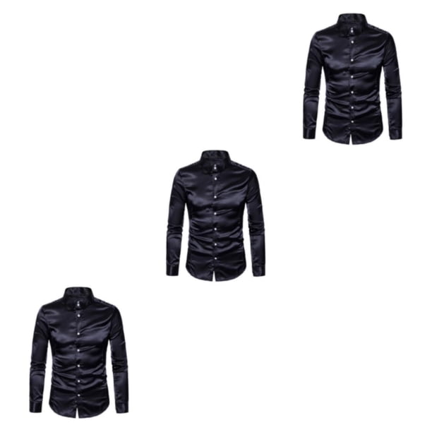 Minnieouse Camisa transpirable para hombre Satén con mangas largas - Trabajo Boda o hogar Camisa para hombre Manga larga formal Grande negro M Type1 NO1