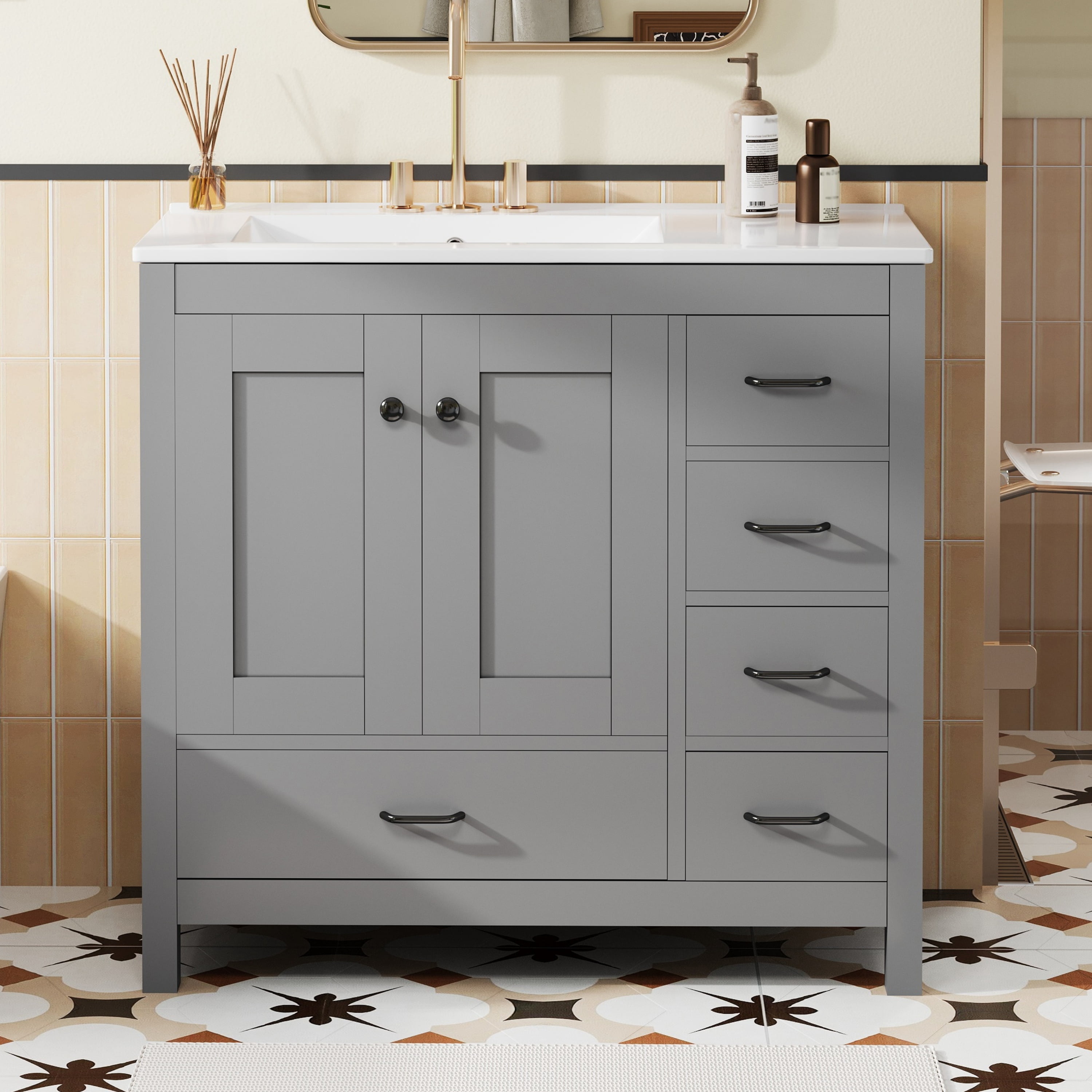 Euroco 36" Gray Bathroom Vanity with Ceramic Sink Combo, Abundant Storage Cabinet -2 Soft close doors and 5 drawers