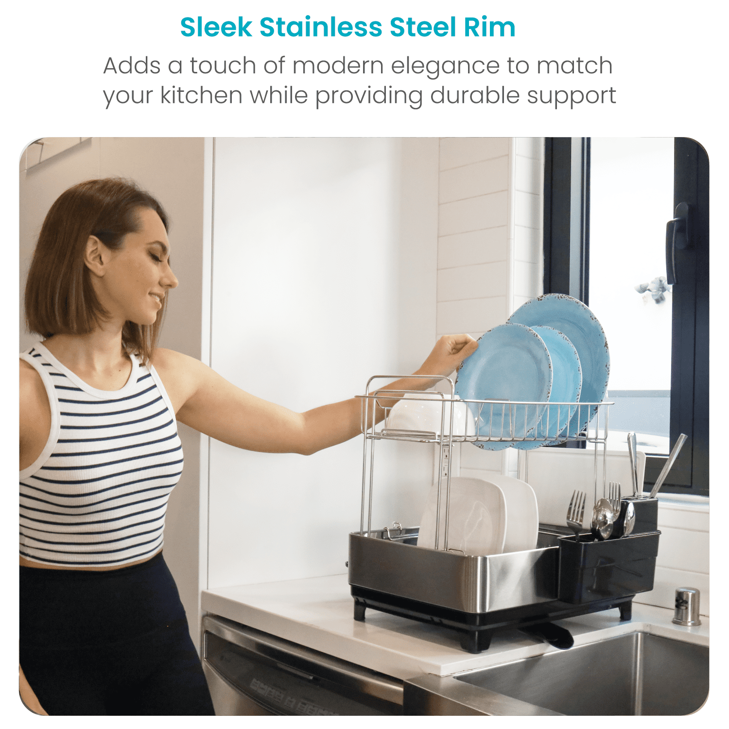 Home Zone Living Stainless Steel Dish Drying Rack with Side Racks and Drain Pipe, 2-Tier