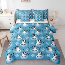 Manfei Kawaii Blue Penguin Bedding Comforter Set 7pcs for Kid, Antarctic Wildlife Animal Queen Bedding Sets, Winter Snowflake Queen Sheet Sets, Microfiber Bedroom Decor
