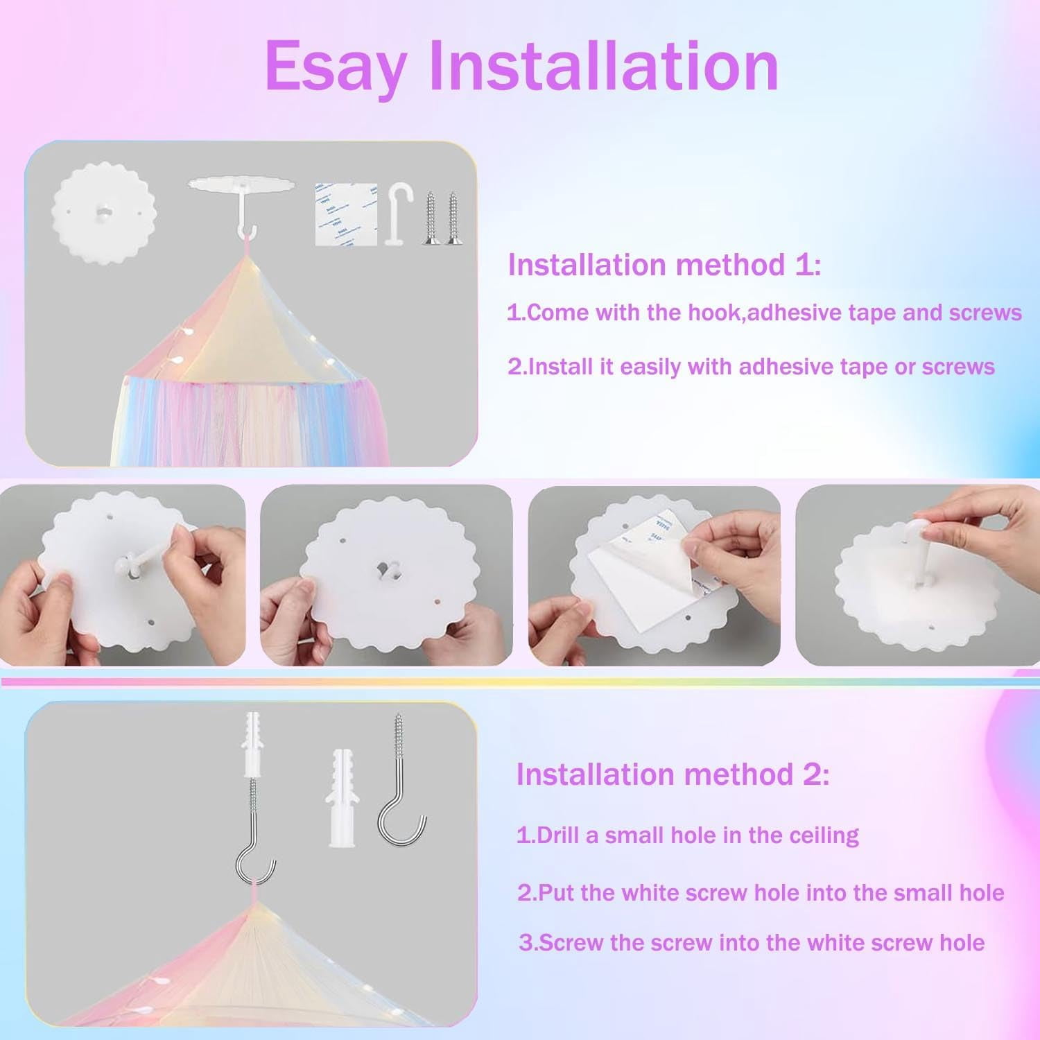 Jozram Bed Canopy with Star Lights, Princess Play Tent for Girls Room, Breathable Canopy Bed Curtain for Children Reading Nook, Machine Washable Canopy,Pink