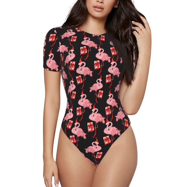 Balery New Year Flamingo Body de cuello redondo de manga corta para mujer Tops de manga corta Tops básicos-XX-Large