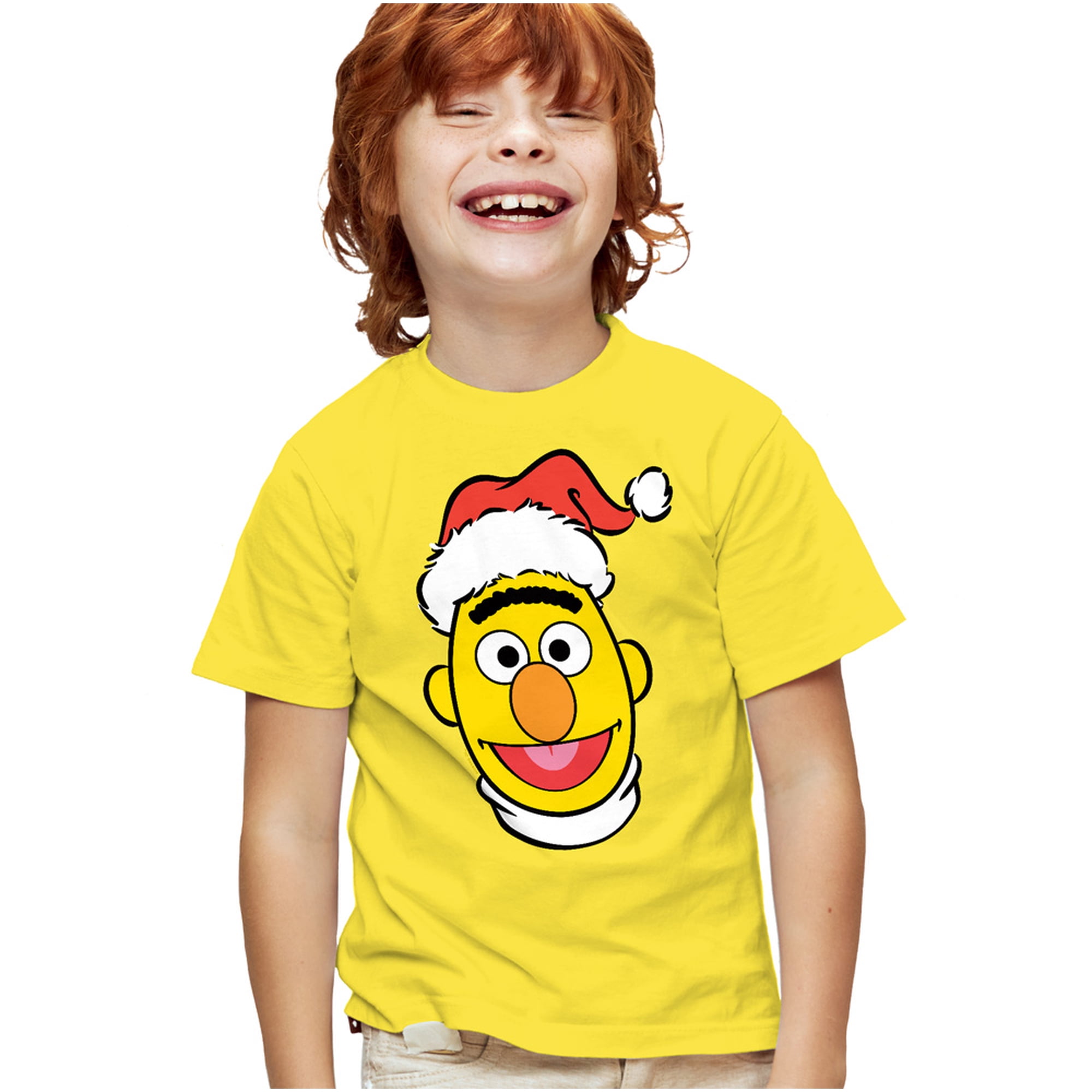 Sesame Street Christmas Santa Hat Bert Face Kids T Shirt for Youth Boys and Girls, Yellow, Small