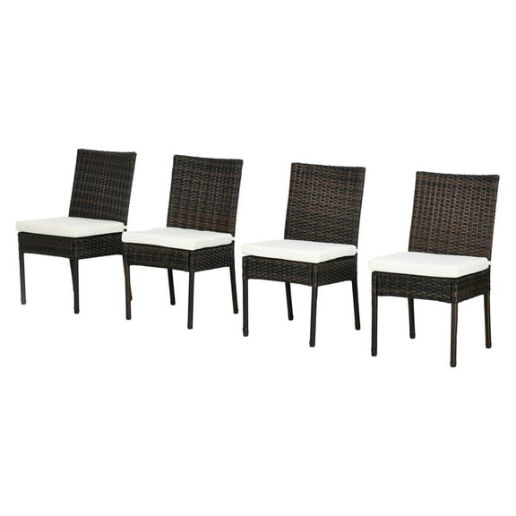 Rattan Dining Chairs Set of 4, Patio Garden Furniture with White Cushions, Outdoor Wicker Chairs for Backyard, Porch, Balcony - Brown
